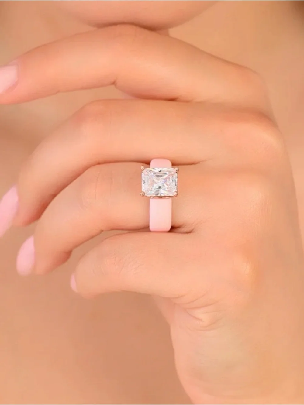 Pink Silicone Sz 6 Ring with CZ ring w/rectangle CZ